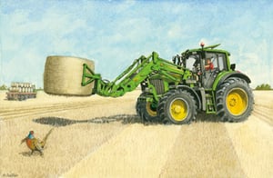 A painting of a John Deere tractor carrying a bale of hay.
(Note: The given sentence is already grammatically correct.)