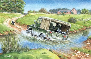 a painting of a land rover driving through a river