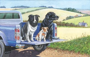 A painting of three dogs in the back of a truck.