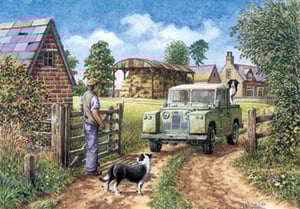 A painting of a man and a dog looking at a Land Rover.