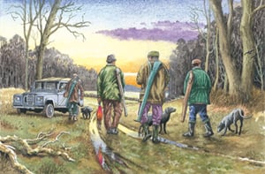 A painting of a group of hunters and their dogs.