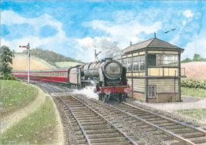 A painting of a train going down the tracks.