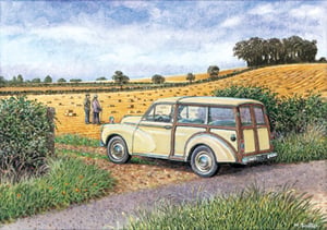 A painting of a car parked on the side on a road.