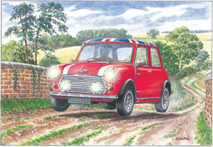 A watercolor painting of a red Mini Cooper.