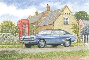 A blue car is parked in front of a red telephone booth.