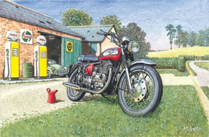 A painting of a motorcycle in front of a Shell gas station.