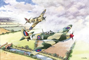 A painting of two planes, one of which has the letters A and B on it.