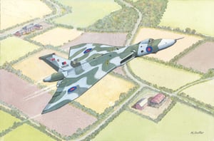 A painting of a fighter jet flying over a farm.