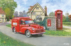A painting of a red van that says "Royal Mail" on it.