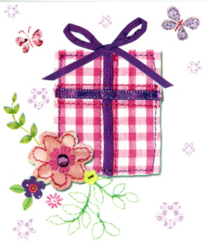A pink and white checkered gift box with purple bow.