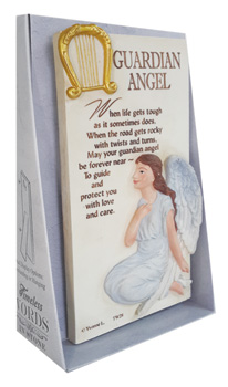 A guardian angel plaque with a harp on it.