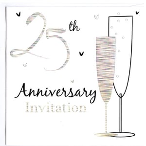 A 25th anniversary invitation with two glasses champagne.