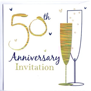 A 50th anniversary invitation with two glasses of champagne.