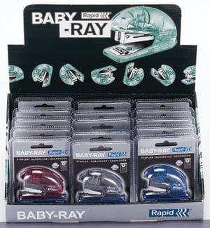 A display of baby-ray staplers are in different colors.