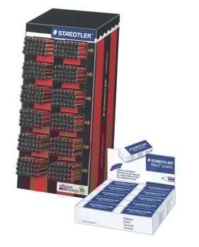 A display of Staedtler erasers and pencils.