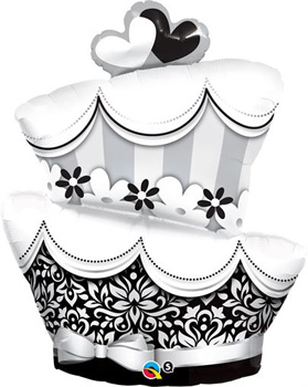 A black and white balloon in the shape of a wedding cake.