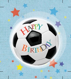 A soccer ball with "happy birthday" written on it.