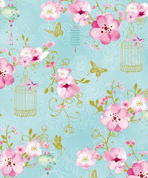A blue background with pink flowers and lanterns.