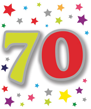 The number 70 is surrounded by colorful stars.
