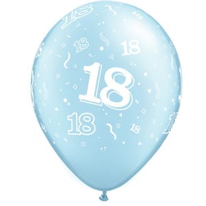 A light blue balloon with the number 18 on it.
