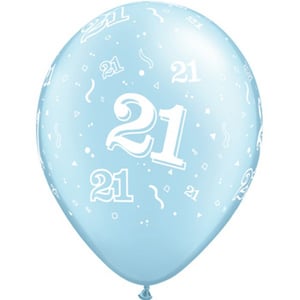 A light blue balloon with the number 21 on it.