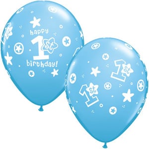 Two blue balloons that say "Happy 1st birthday."