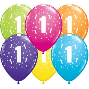 A bunch of balloons with the number 1 on it.