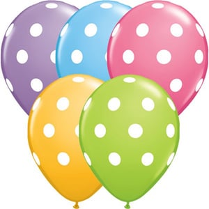 A bunch of colorful balloons with white polka dots is grammatically correct.
