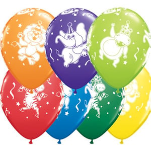 A bunch of colorful balloons with animals on it.