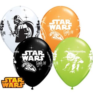 Four Star Wars balloons with Darth Vader and Yoda on them.