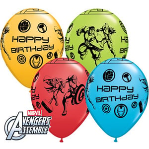 Four Avengers assemble birthday balloons in different colors.