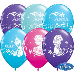 A bunch of frozen balloons with Elsa and Olaf on them.