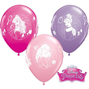Three pink and purple Disney princess balloons.