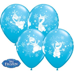 Four blue frozen balloons with snowflakes and Olaf on each of them.