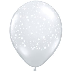 A clear balloon with white stars on it.