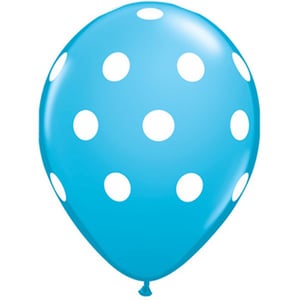 a blue balloon with white polka dots on it.
No correction needed.