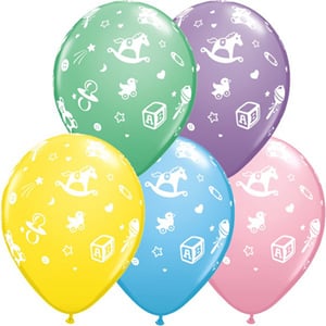 A bunch of balloons with a baby theme on it.