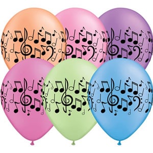 A bunch of balloons with music notes on it.
