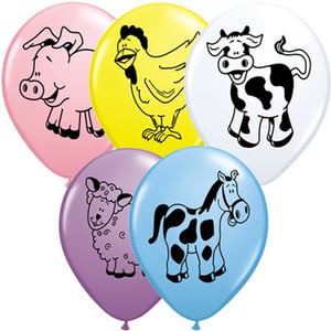 Five balloons with farm animals on them, including a pig, chicken, cow, horse, and sheep.
