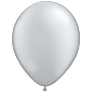 A silver balloon is floating in the air on a white background.