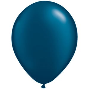 A blue balloon is floating in the air against a white background.