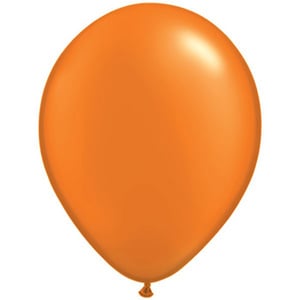 An orange balloon is floating in the air against a white background.