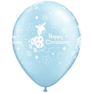 A blue balloon that says "Happy Christening" on it.