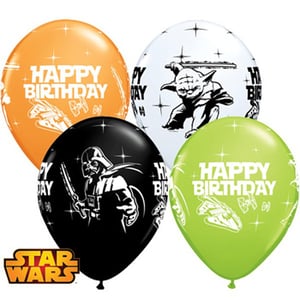 A bunch of Star Wars balloons that say "Happy Birthday."