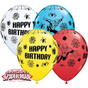 A bunch of Spiderman balloons that say "Happy Birthday".