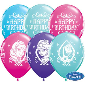 A bunch of frozen balloons that say "happy birthday."