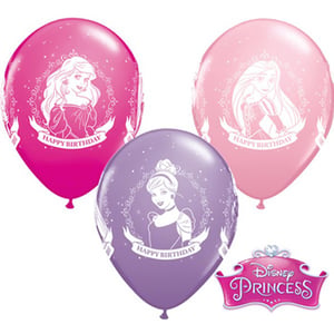 Three pink and purple Disney Princess birthday balloons.