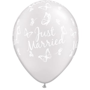 A white balloon with butterflies and the words "just married" on it.