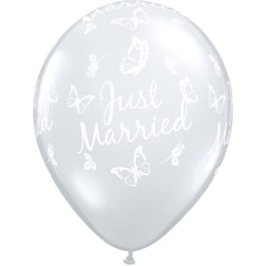 A clear balloon with butterflies and the words "Just Married" on it.