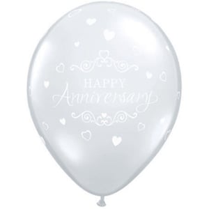A clear balloon with the words "Happy Anniversary" and hearts on it.